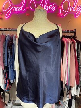 Skies Are Blue Navy Satin Cowl Neck Camisole Top NWOT